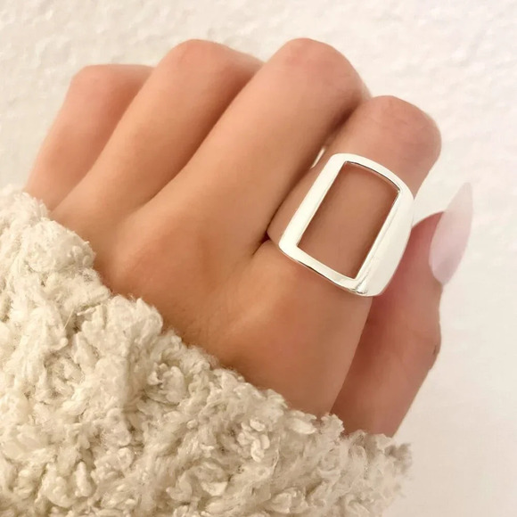 925 Sterling Silver Chunky Rectangle Ring Thick Bold Ring Large Statement Ring - Picture 1 of 5